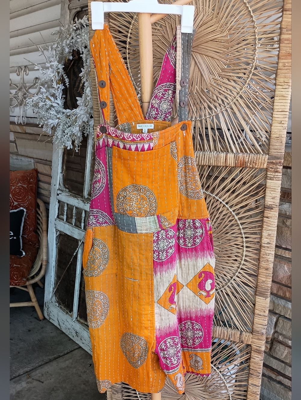 EARTHBOUND Orange and Pink Patchwork Jumpsuit Romper_L